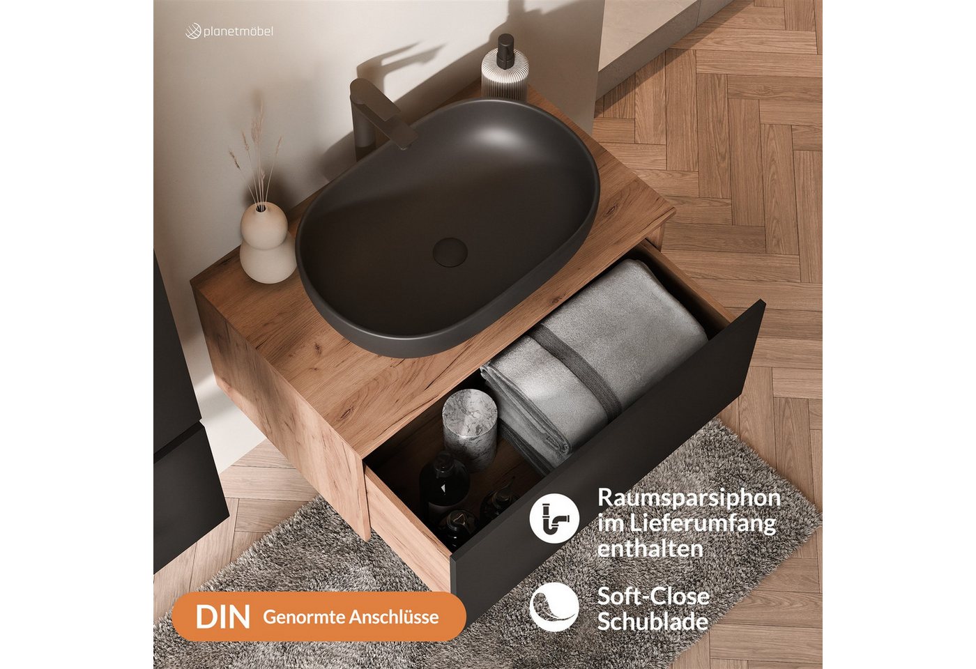 Planetmöbel Waschtisch-Set Arisa 2 teilig, Waschtisch mit Unterschrank 80 cm, Waschbecken 60 cm, (Waschtischunterschrank hängend für Gäste WC & Bad, schwarz, Ba – Bild 4 von 5