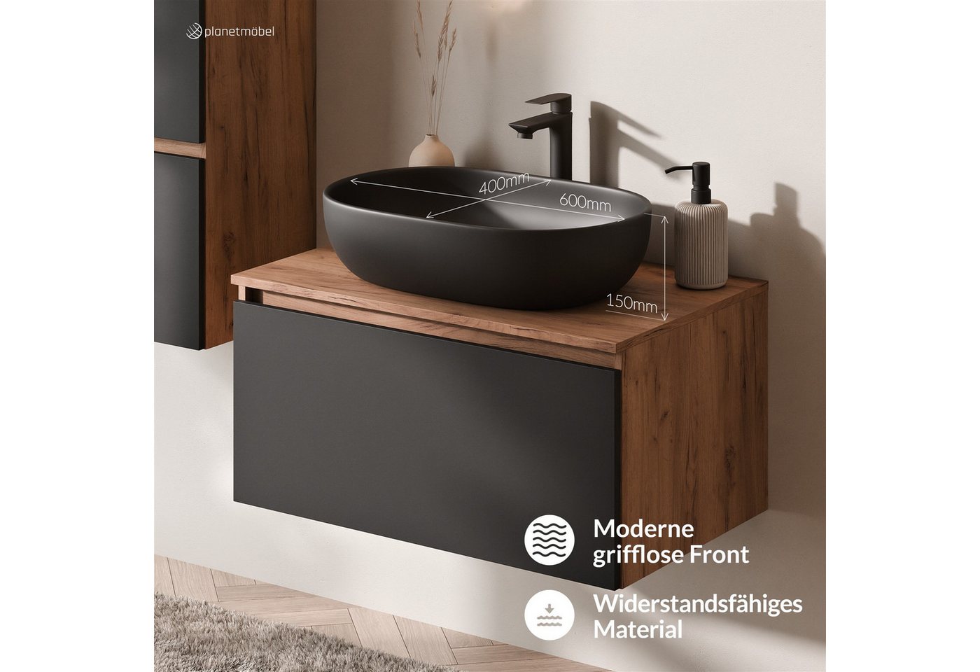 Planetmöbel Waschtisch-Set Arisa 2 teilig, Waschtisch mit Unterschrank 80 cm, Waschbecken 60 cm, (Waschtischunterschrank hängend für Gäste WC & Bad, schwarz, Ba – Bild 5 von 5