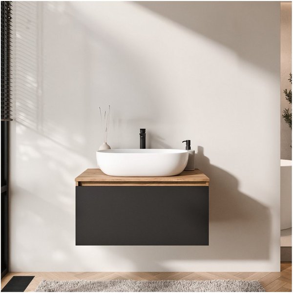 Planetmöbel Waschtisch-Set Arisa 2 teilig, Waschtisch mit Unterschrank 80 cm, Waschbecken 60 cm, (Waschtischunterschrank hängend für Gäste WC & Bad, schwarz, Ba