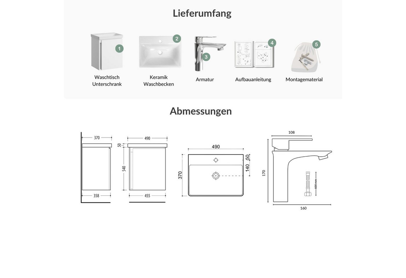 Planetmöbel Waschtisch-Set Unterschrank mit Waschbecken 50cm mit Armatur, (Badezimmerschrank, Waschbecken) – Bild 4 von 5