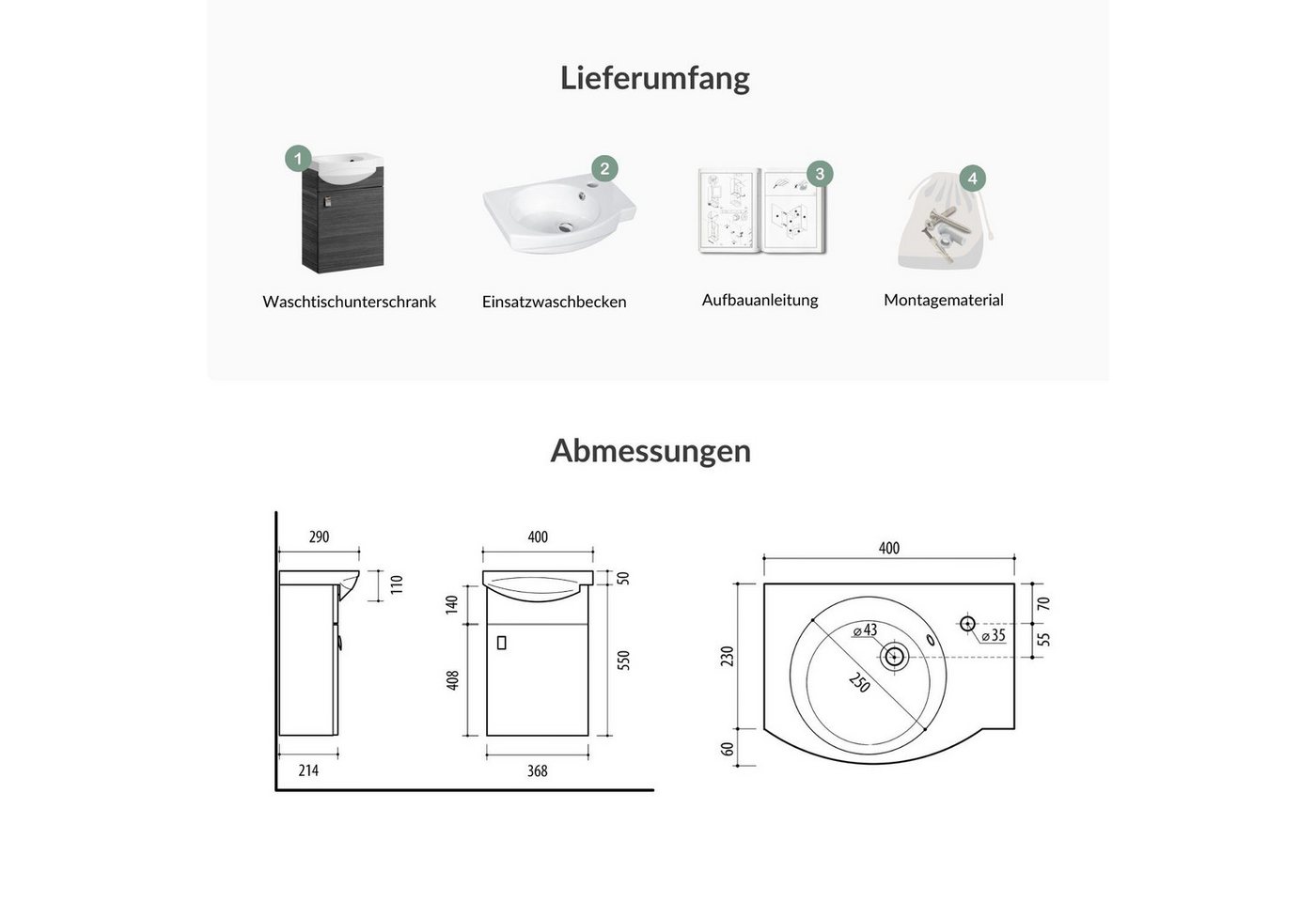 Planetmöbel Waschtisch Waschtischunterschrank 40cm Anthrazit – Bild 4 von 5