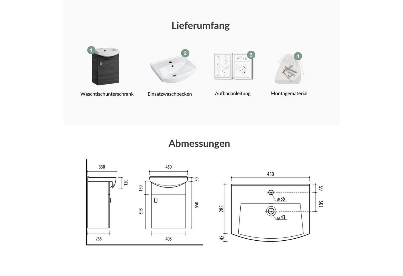 Planetmöbel Waschtisch Waschtischunterschrank 45cm Anthrazit – Bild 4 von 5