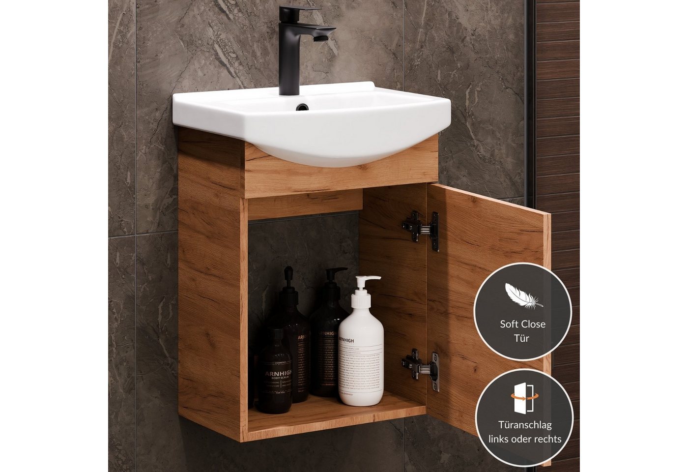 Planetmöbel Waschtisch Waschtischunterschrank 45cm Gold Eiche – Bild 3 von 5