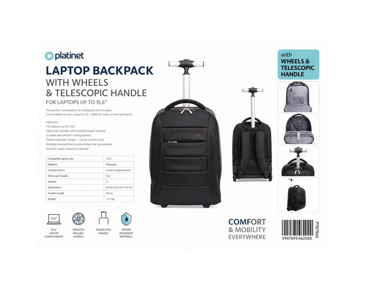 Platinet Kofferrucksack PTB7566, Trolley-Rucksack mit Rollen, Teleskopgriff und Drucklogo – Bild 3 von 3