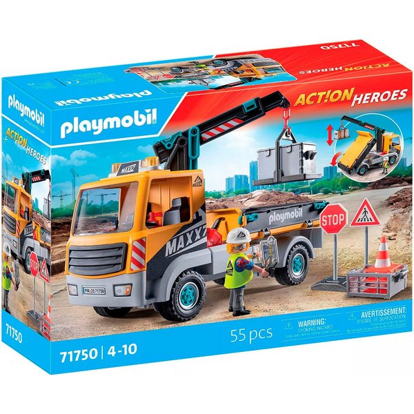 Playmobil® Baustellen-LKW mit Kran (71750), Playmobil Action Heroes Konstruktions-Spielset, (55 St)