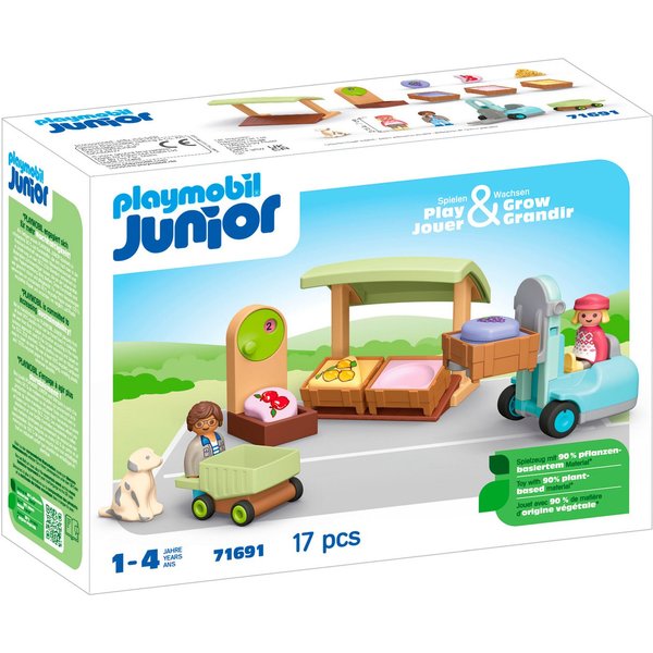 Playmobil® Bio-Marktstand & Gabelstapler (71691), JUNIOR Konstruktions-Spielset, (17 St), Made in Europe
