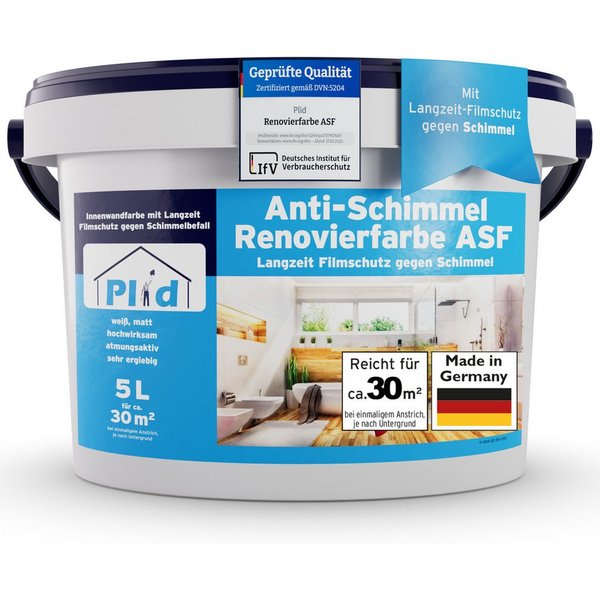 plid Wand- und Deckenfarbe Anti-Schimmelfarbe Schimmelschutzfarbe Feuchtraumfarbe Schimmelfarbe, Schnelltrocknend, spritzarm, verarbeitungsfertig