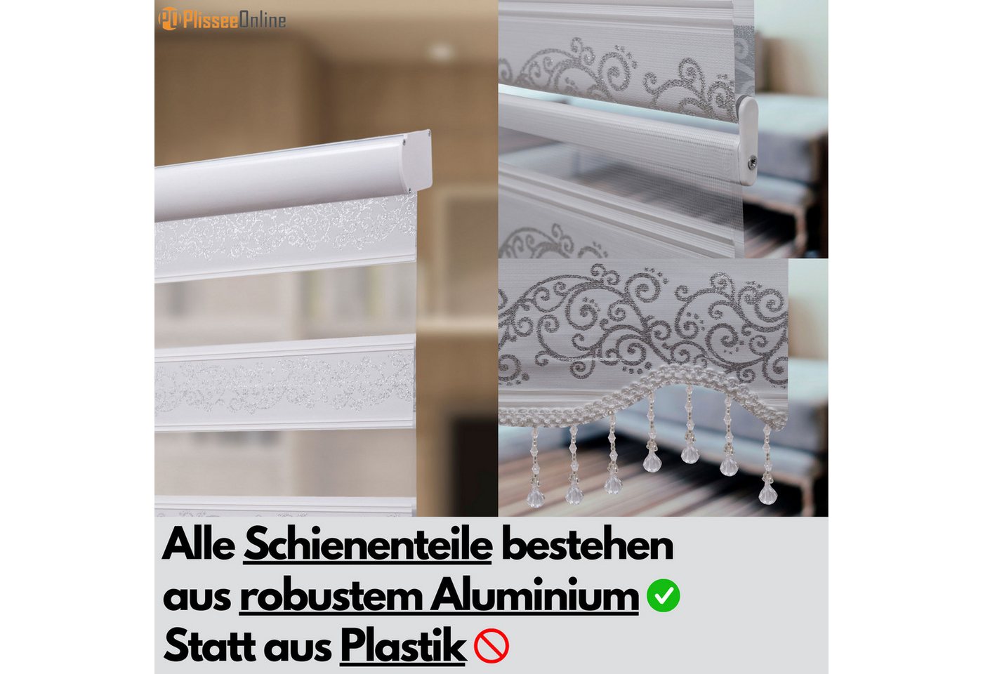 Doppelrollo Duorollo Doppelrollo mit Kassette Rankenmuster und Perlen Höhe: 250 cm, Plisseeonline, blickdicht, Deckenmontage, Freihängend, Deckenmontage mit Cli – Bild 4 von 5
