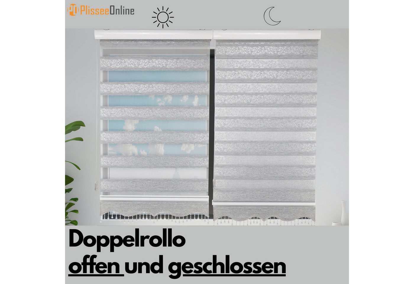Doppelrollo Duorollo Doppelrollo mit Kassette Rankenmuster und Perlen Höhe: 250 cm, Plisseeonline, blickdicht, Deckenmontage, Freihängend, Deckenmontage mit Cli – Bild 2 von 5