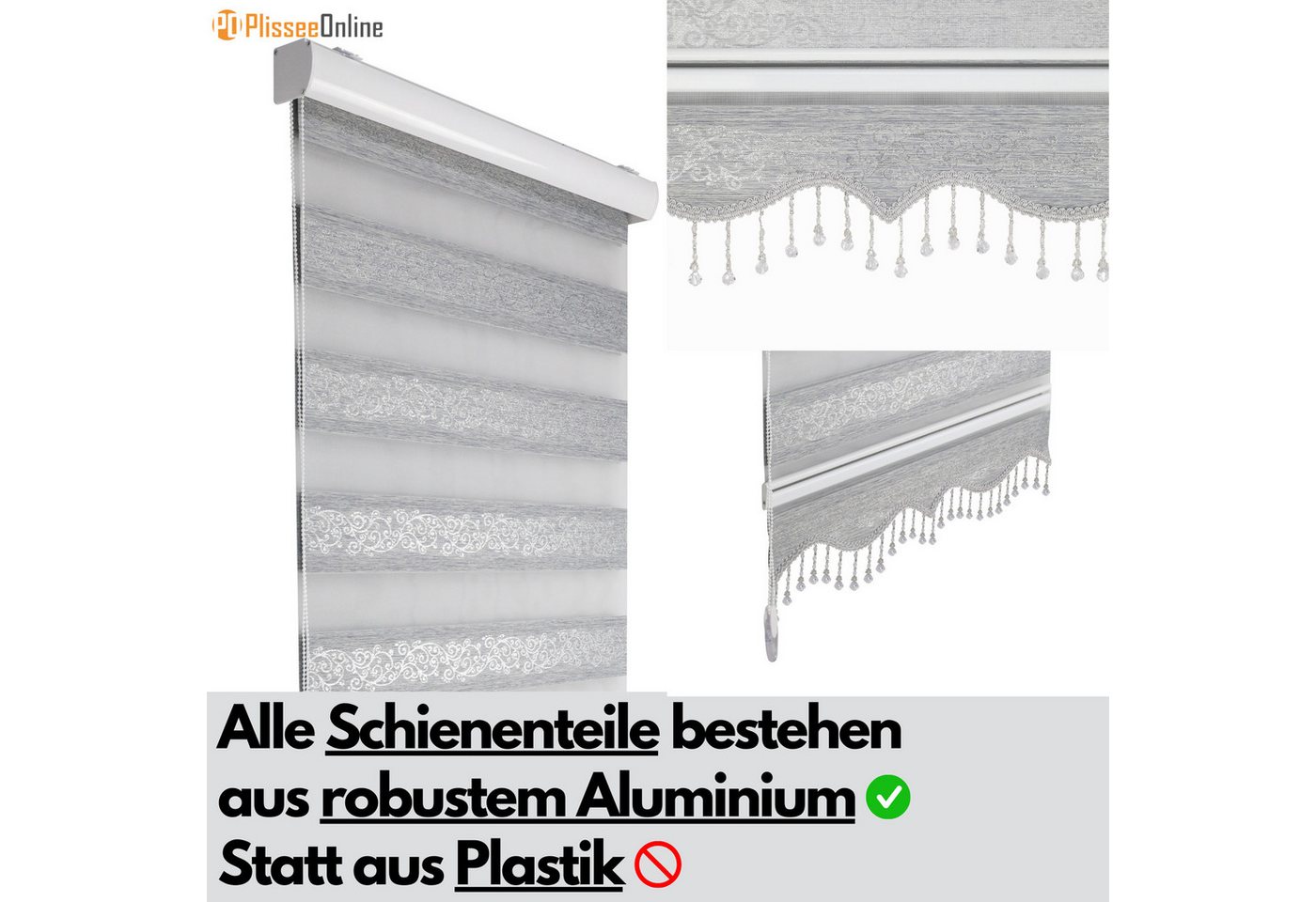 Doppelrollo Duorollo Doppelrollo mit Kassette Rankenmuster und Perlen Höhe: 250 cm, Plisseeonline, blickdicht, Deckenmontage, Freihängend, Deckenmontage mit Cli – Bild 4 von 5