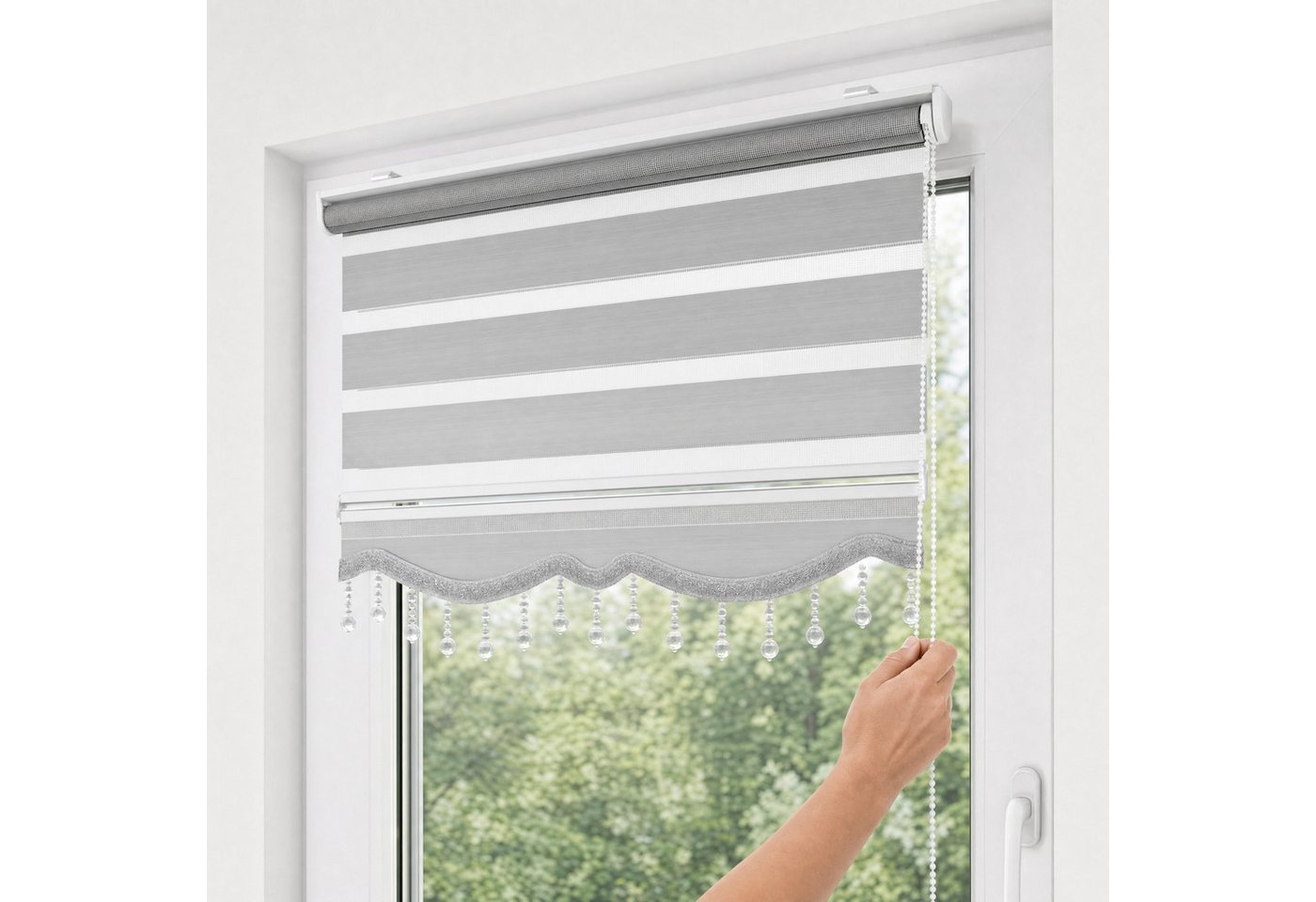 Doppelrollo Klemmfix Doppelrollo mit Perlen Volant in versch. Farben, Plisseeonline, blickdicht, Klemmträger Montage auf dem Fensterrahmen, Freihängend, Klemmfi – Bild 2 von 5