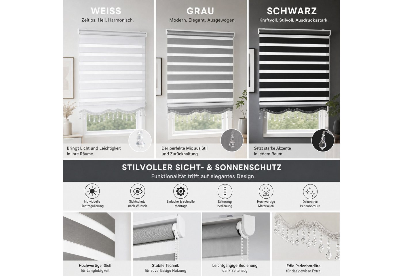 Doppelrollo Klemmfix Doppelrollo mit Perlen Volant in versch. Farben, Plisseeonline, blickdicht, Klemmträger Montage auf dem Fensterrahmen, Freihängend, Klemmfi – Bild 5 von 5