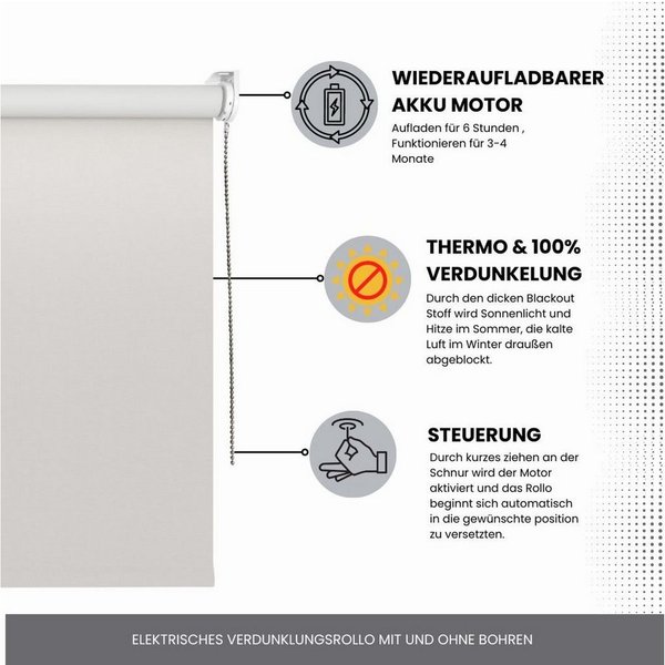 Elektrisches Rollo Verdunklungsrollo mit Zugmotor aufladbarer Motor, Plisseeonline, verdunkelnd, Fensterrahmen Montage ohne Bohren und Wand-, oder Deckenmontage