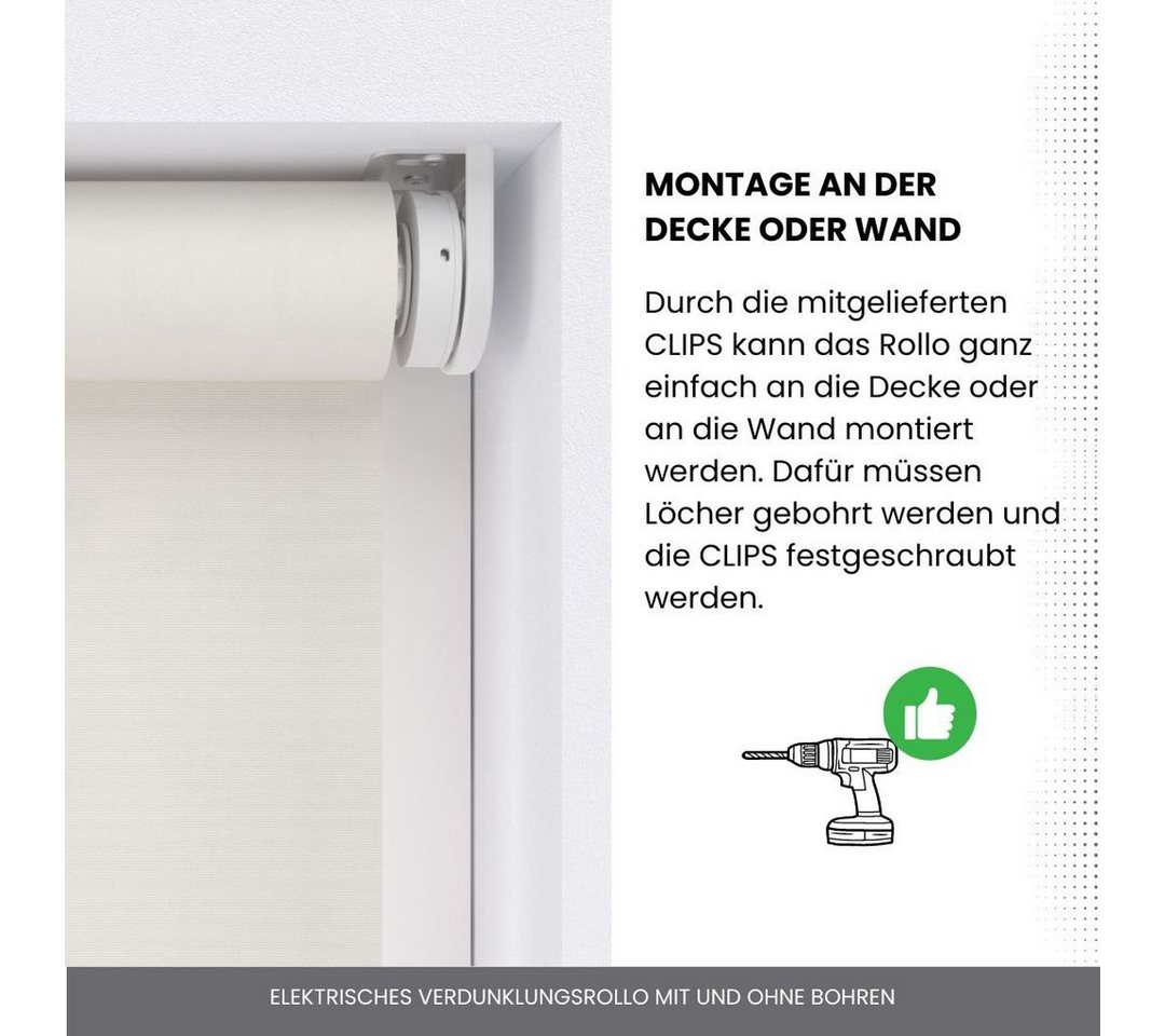 Elektrisches Rollo Verdunklungsrollo mit Zugmotor aufladbarer Motor, Plisseeonline, verdunkelnd, Fensterrahmen Montage ohne Bohren und Wand-, oder Deckenmontage – Bild 2 von 4