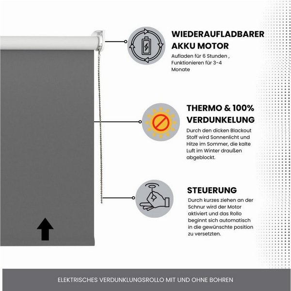 Elektrisches Rollo Verdunklungsrollo mit Zugmotor aufladbarer Motor, Plisseeonline, verdunkelnd, Fensterrahmen Montage ohne Bohren und Wand-, oder Deckenmontage