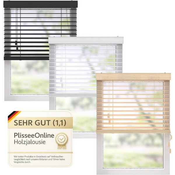 Plisseeonline Jalousie Holzjalousie, Wand,.Deckenmontage, Wand,-Deckenmontage, Bis 150 cm breite und 130 cm höhe Fenstermontage Klemmfix inkl., Mit Holzmaserung