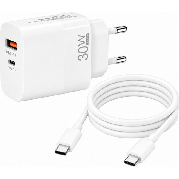 PlugUp 30W USB-C Schnellladegerät mit USB-C & USB-A Anschluss mit USB-C Kabel Smartphone-Ladegerät (3300 mA, Set, Inkl. USB-C Ladekabel, Universelles Schnelllad