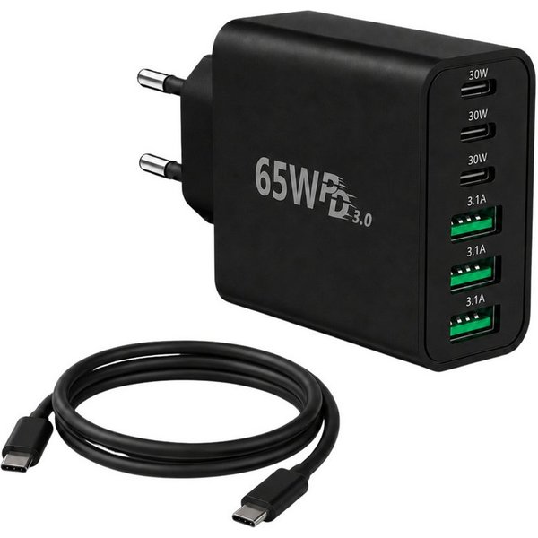 PlugUp 65W Ladegerät 6-Port 30W Schnellladeadapter mit USB-C Ladekabel USB-Ladegerät (3100 mA, Set, Inkl. USB-C Ladekabel, Universelles Schnellladegerät mit USB
