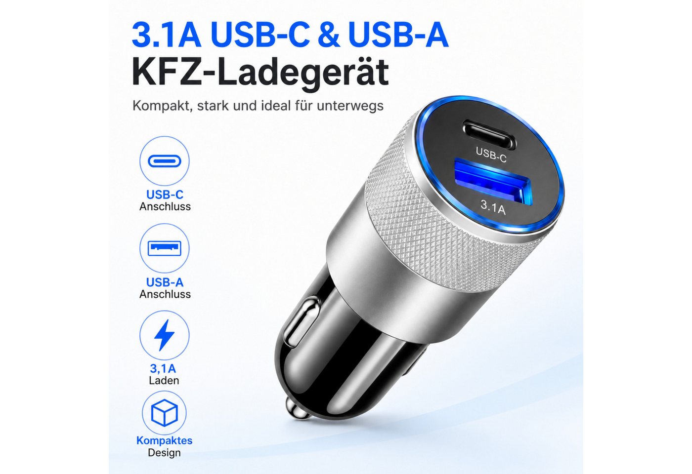 PlugUp Auto Ladegerät USB-C 3.1 & USB-A QC KFZ-Ladeadapter Zigarettenanzünder USB-Ladegerät (Universelles KFZ-Ladegerät USB-C & USB-A für Smartphone und USB-Ger – Bild 2 von 5