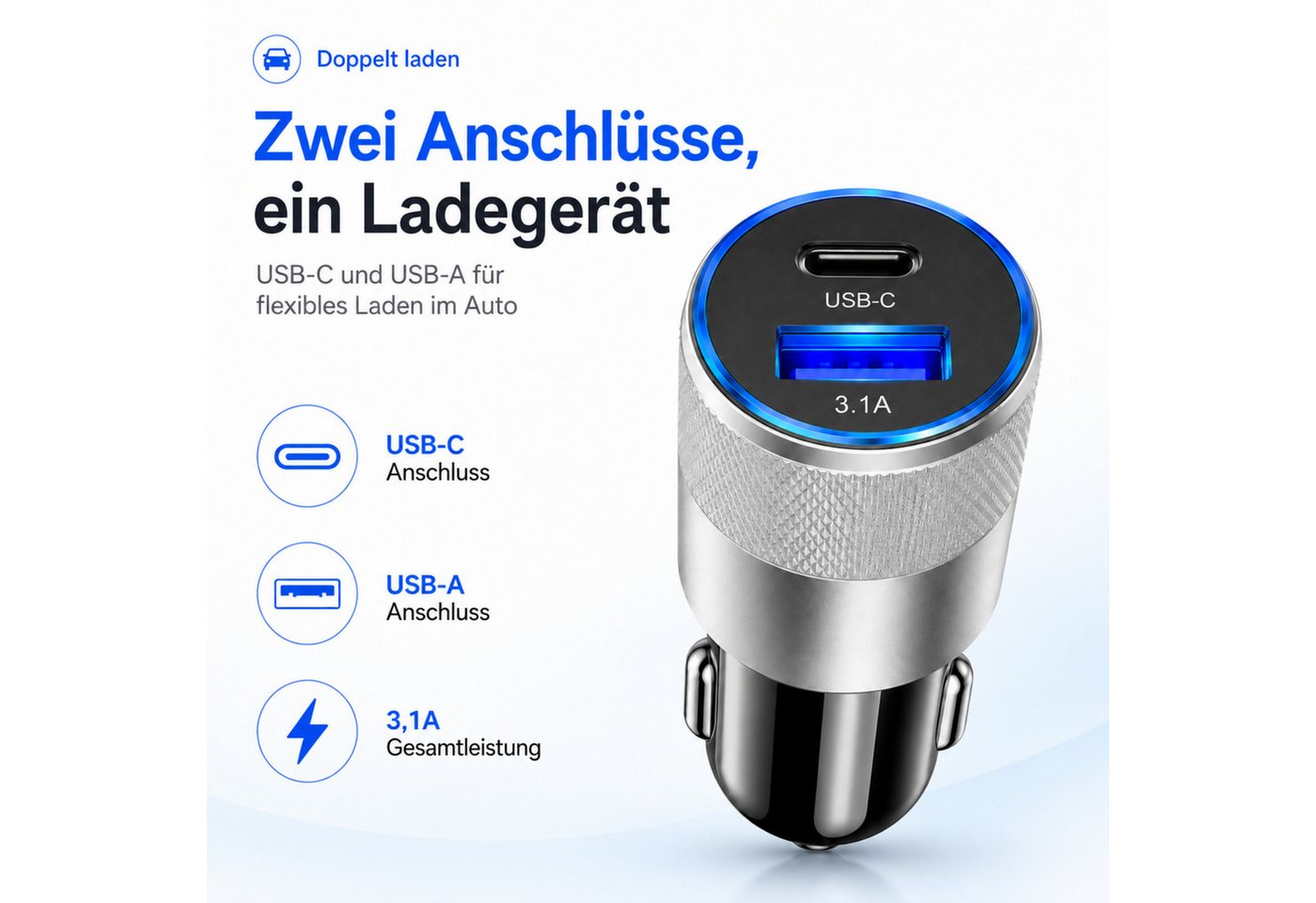 PlugUp Auto Ladegerät USB-C 3.1 & USB-A QC KFZ-Ladeadapter Zigarettenanzünder USB-Ladegerät (Universelles KFZ-Ladegerät USB-C & USB-A für Smartphone und USB-Ger – Bild 3 von 5