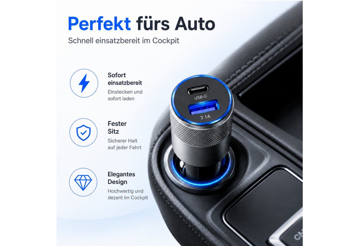 PlugUp Auto Ladegerät USB-C 3.1 & USB-A QC KFZ-Ladeadapter Zigarettenanzünder USB-Ladegerät (Universelles KFZ-Ladegerät USB-C & USB-A für Smartphone und USB-Ger – Bild 4 von 5