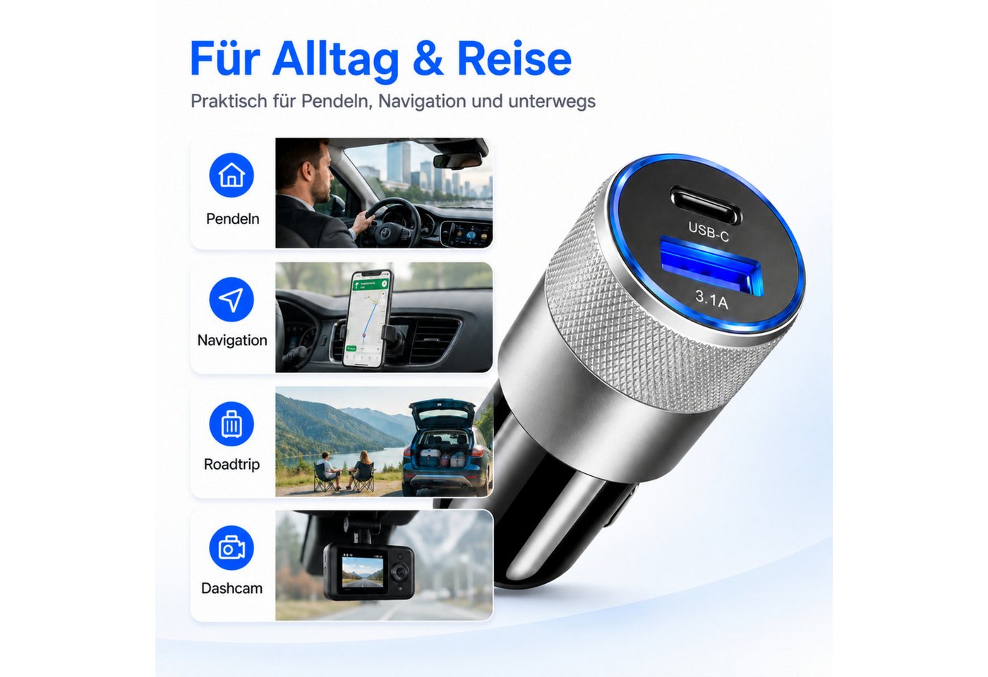 PlugUp Auto Ladegerät USB-C 3.1 & USB-A QC KFZ-Ladeadapter Zigarettenanzünder USB-Ladegerät (Universelles KFZ-Ladegerät USB-C & USB-A für Smartphone und USB-Ger – Bild 5 von 5