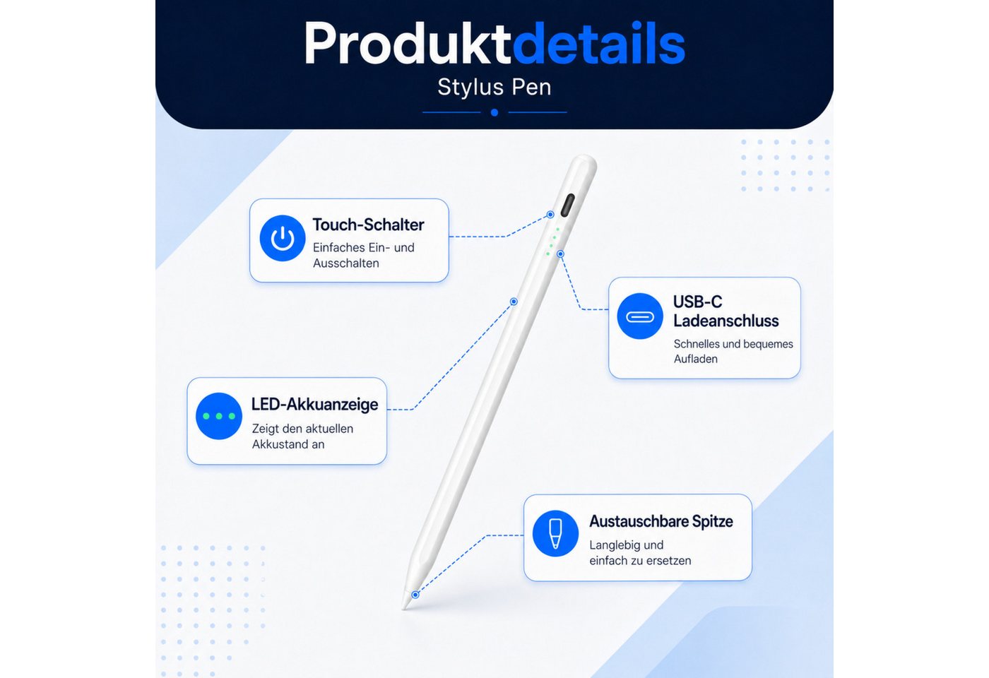 PlugUp Eingabestift Stylus Stift für Apple iPad (ab 2018-2026) Air/Pro/Mini Tablet Stift (Set, Stylus Pen inkl. 2 Ersatzspitzen) Kompatibel mit Apple iPads ab 2 – Bild 4 von 5