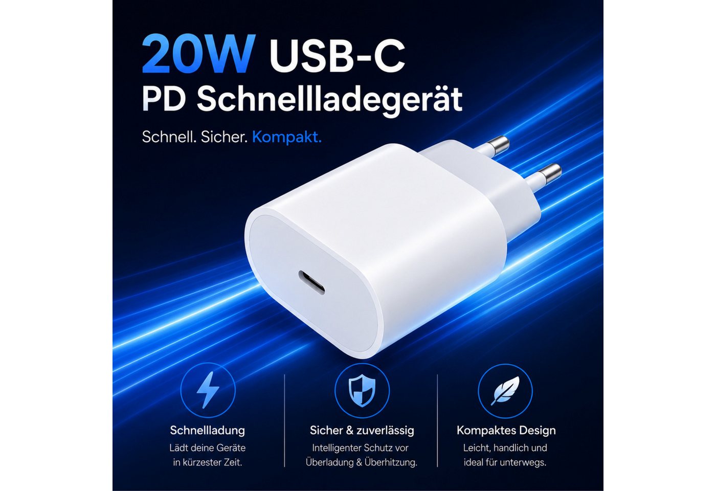 PlugUp Ladegerät mit iPhone USB-C Ladekabel iPhone 15 16 17 Pro Max Air Plus USB-Ladegerät (2220 mA, Set, 1-tlg., 2-teiliges Set, 20W USB-C Schnellladegerät für – Bild 2 von 5