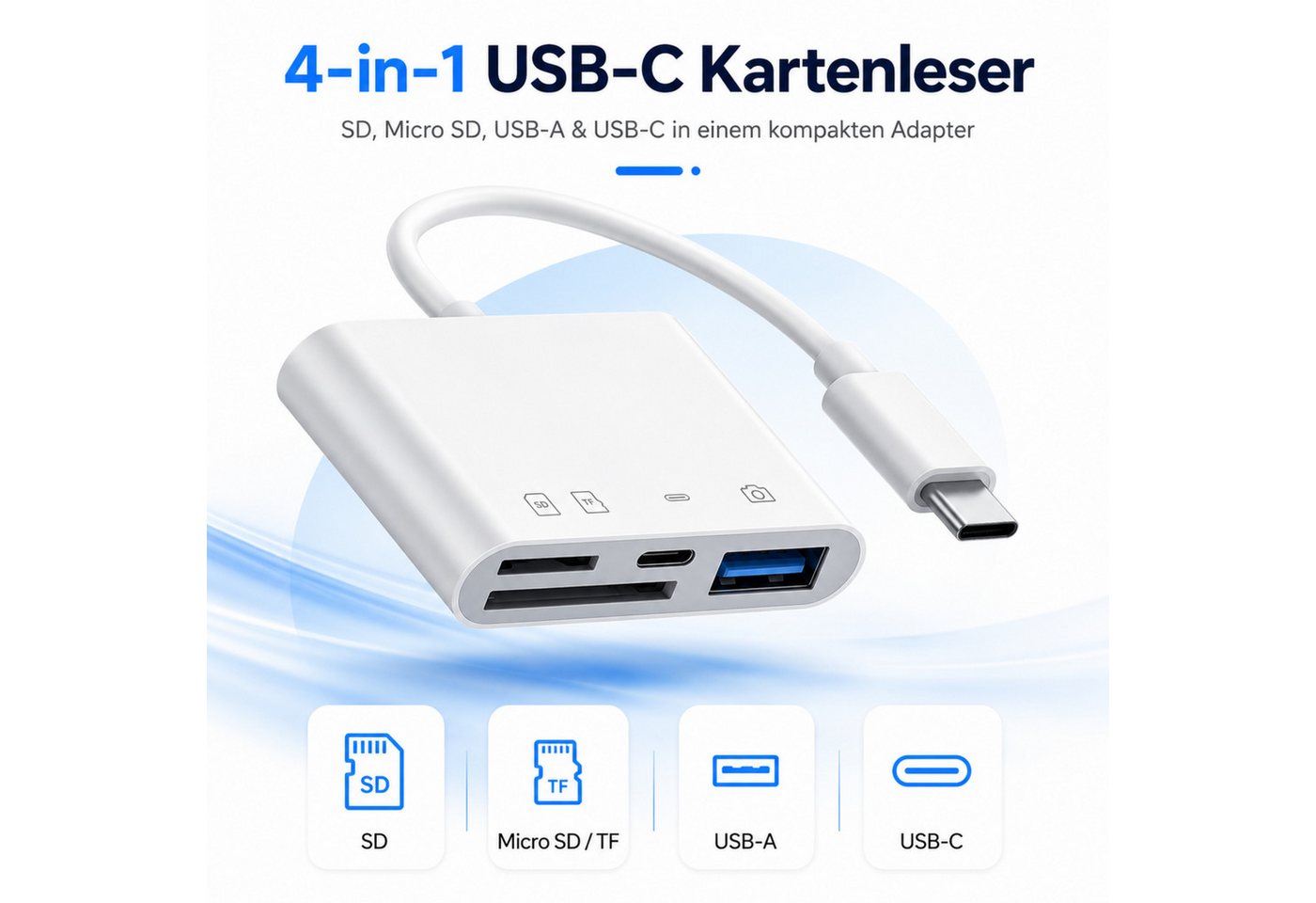 PlugUp Speicherkartenleser SD-Kartenleser 4 in 1 Speicherkartenleser SD- & microSD Card Reader, 4in1 Adapter mit SD, microSD, USB 3.0 und USB-C – Bild 2 von 5