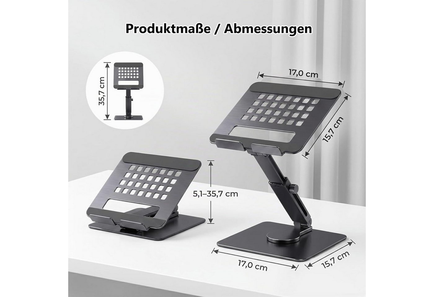 POCOJAO Tablet-Ständer iPad Tablet Ständer 360° drehbar höhenverstellbar Aluminium, (bis 16,5 Zoll, Faltbarer Tablet- und Smartphone-Ständer für Schreibtisch un – Bild 2 von 5