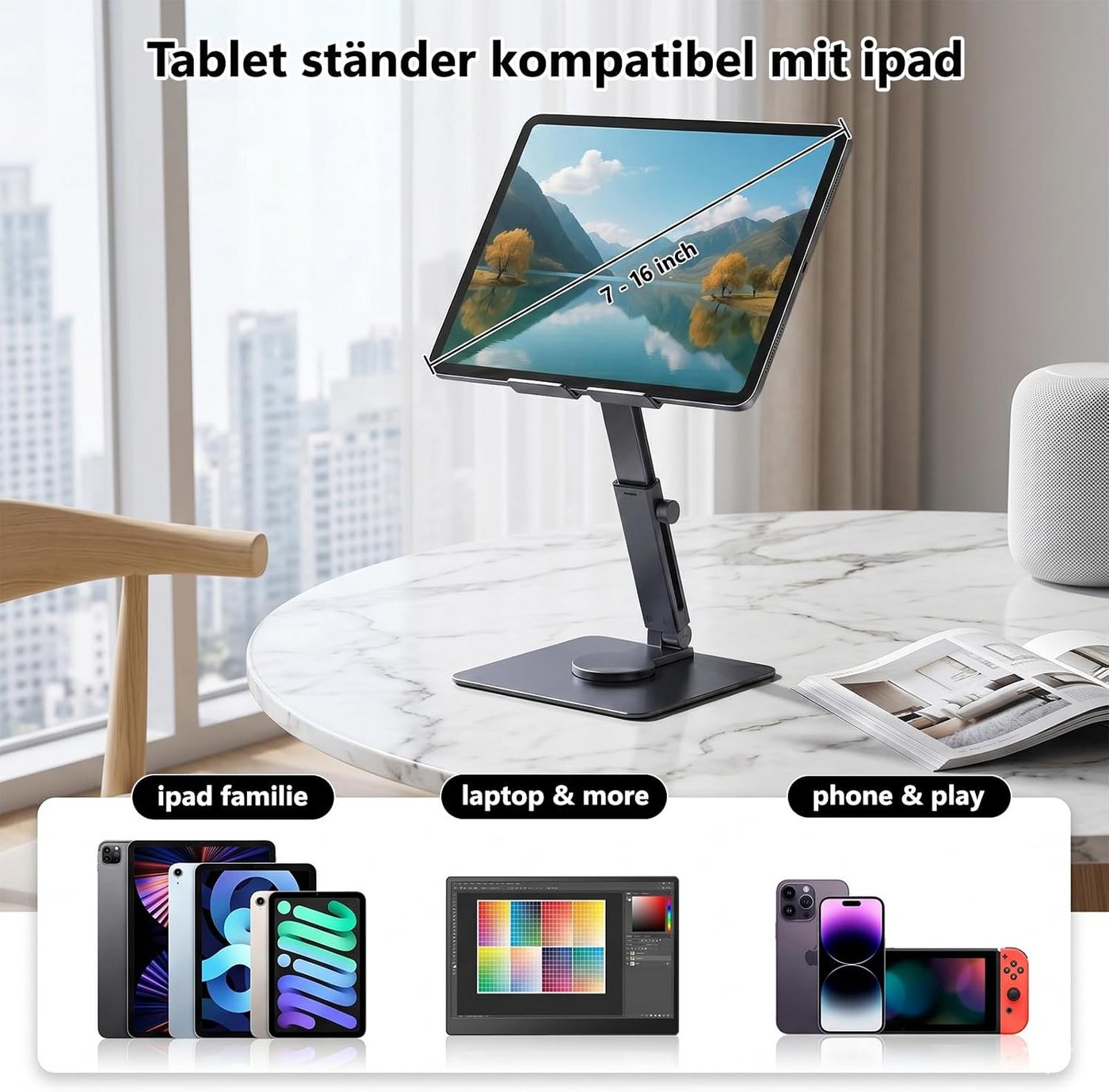POCOJAO Tablet-Ständer iPad Tablet Ständer 360° drehbar höhenverstellbar Aluminium, (bis 16,5 Zoll, Faltbarer Tablet- und Smartphone-Ständer für Schreibtisch un – Bild 4 von 5
