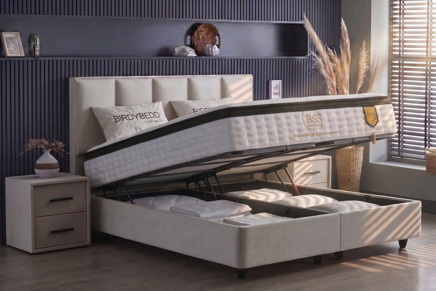 Pointhome Boxspringbett mit Bettkasten, Bett mit Matratze & Stauraum, mit/ohne Nachttisch (140x200 cm, 1 Bettkopfteil, 1x H3 Matratze, 2 Bettkasten, 2 optionale – Bild 3 von 5