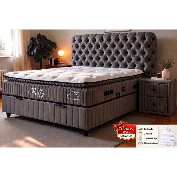 Pointhome Boxspringbett Set, Bss Bedding, Fluffy, Bett-Set ohne oder mit Nachttischen (Stauraum & Taschenfederkernmatratze, 1x H3 Matratze, 2x Bettkasten, 1x Be
