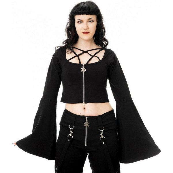 Poizen Industries Crop-Top Eclipse Langarm Oberteil Pentagramm Glockenärmel