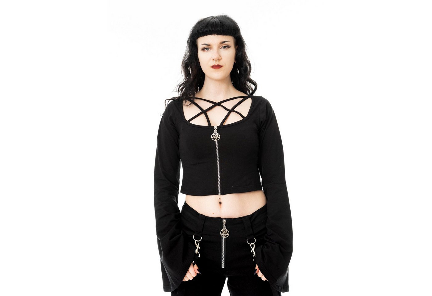 Poizen Industries Crop-Top Eclipse Langarm Oberteil Pentagramm Glockenärmel – Bild 4 von 5