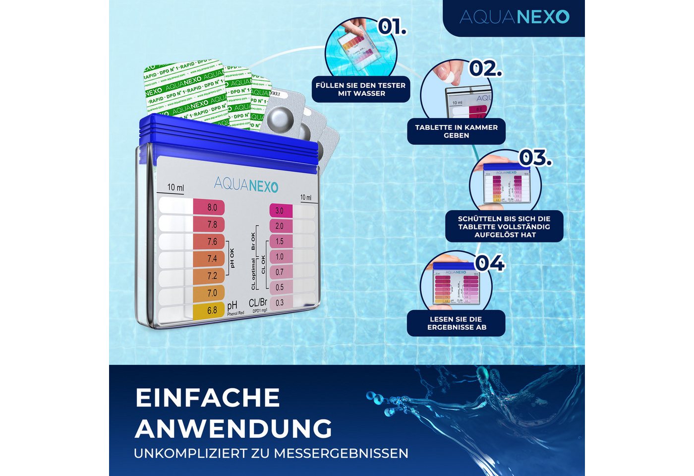 AquaNexo Pool-Wassertest Aquanexo Pool Schütteltester pH und Chlor inkl. 60 Pool Testtabletten, 60 Testtabletten inklusive – Bild 2 von 5
