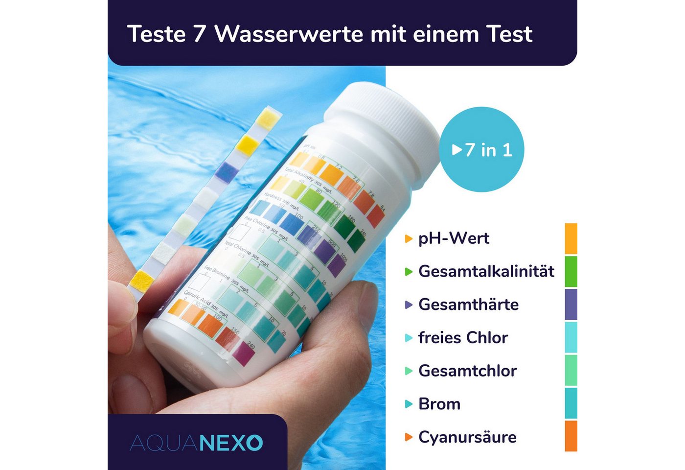 AquaNexo Pool-Wassertest Aquanexo Teststreifen 7-in-1, pH und Chlor Wassertester 100 st. – Bild 2 von 5