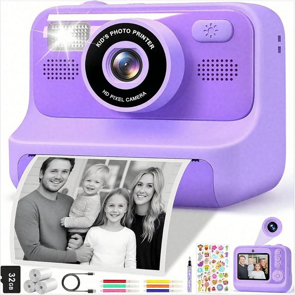 POPOLIC 1080P Kinderkamera - Selfie Digitalkamera Kinder mit 32GB Sofortbildkamera (inkl. Lila, Geburtstagsgeschenk Spielzeug ab 3-11 Jahre Mädchen Jungen)