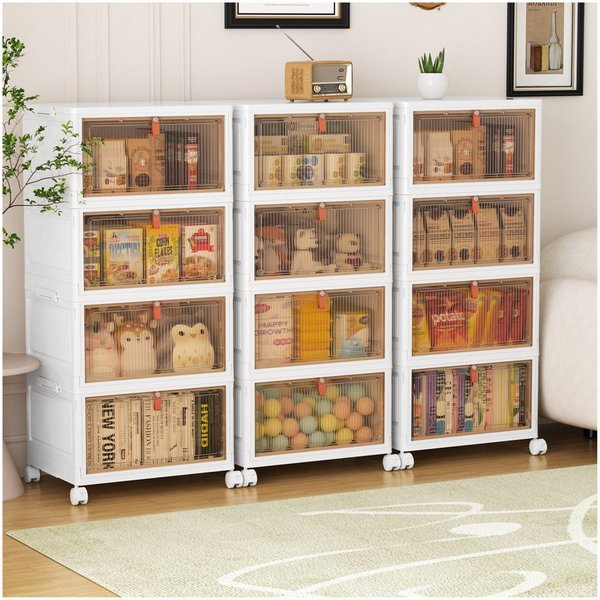 POPOLIC Aufbewahrungsbox Stapelbare Aufbewahrungsbox mit Rädern, Deckel (Kunststoff-Aufbewahrungsbox für Hausorganisation Schlafzimmer Wohnheimzimmer, 4 St., Ba