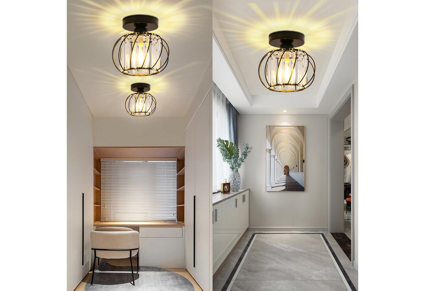 POPOLIC Deckenleuchte Moderne Kristall-Deckenlampe, Mini-Deckenleuchten aus Kristall, Halogen, LED wechselbar, Glühlampe, Schwarz-Kristall Leuchte, E27-Kronleuc – Bild 3 von 5