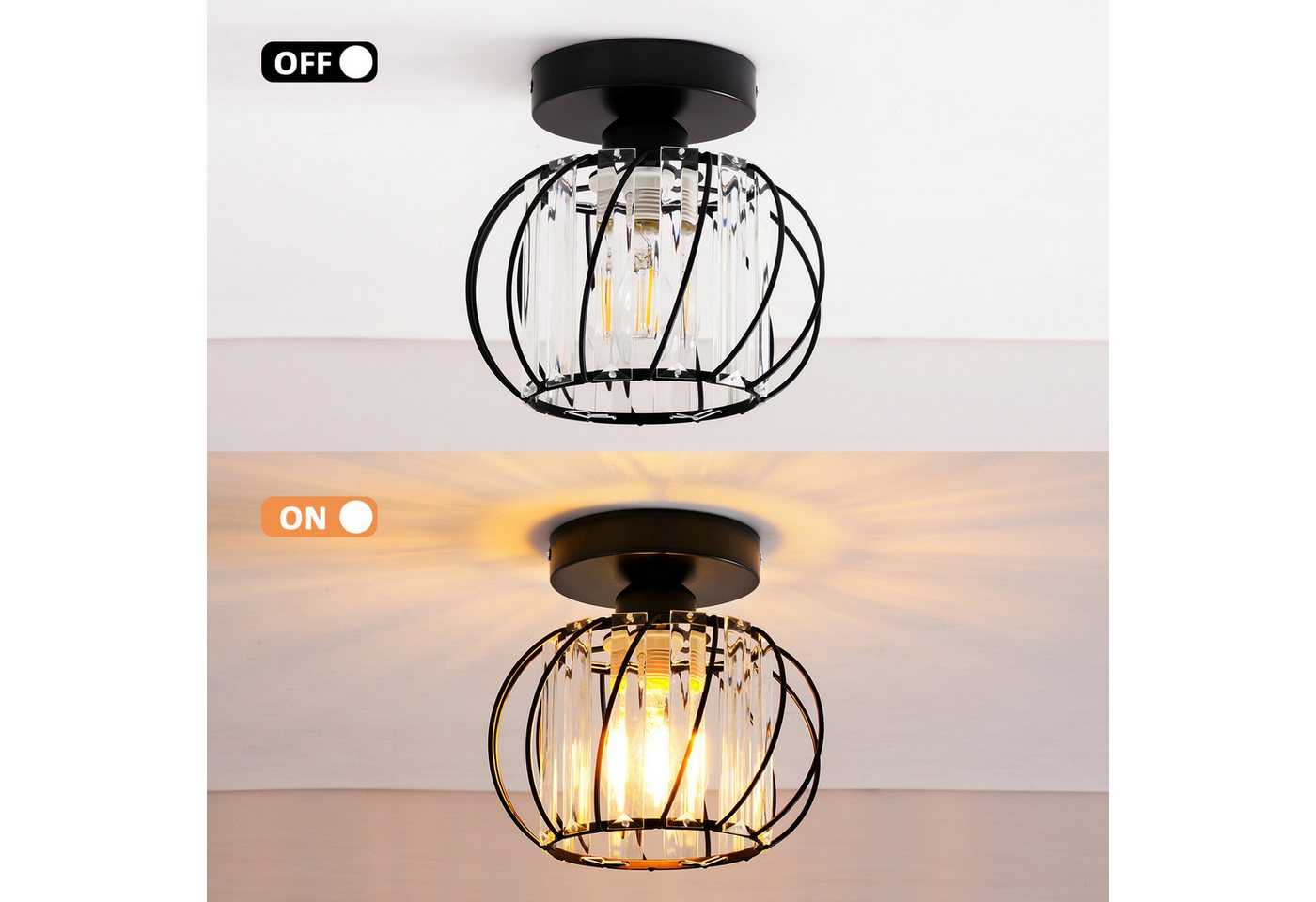POPOLIC Deckenleuchte Moderne Kristall-Deckenlampe, Mini-Deckenleuchten aus Kristall, Halogen, LED wechselbar, Glühlampe, Schwarz-Kristall Leuchte, E27-Kronleuc – Bild 4 von 5