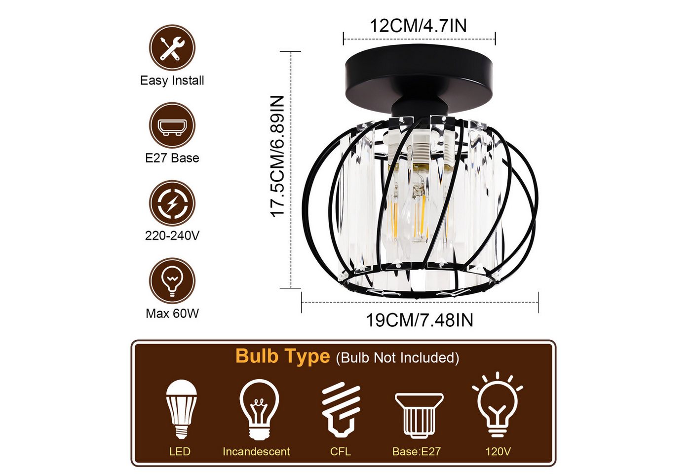 POPOLIC Deckenleuchte Moderne Kristall-Deckenlampe, Mini-Deckenleuchten aus Kristall, Halogen, LED wechselbar, Glühlampe, Schwarz-Kristall Leuchte, E27-Kronleuc – Bild 5 von 5