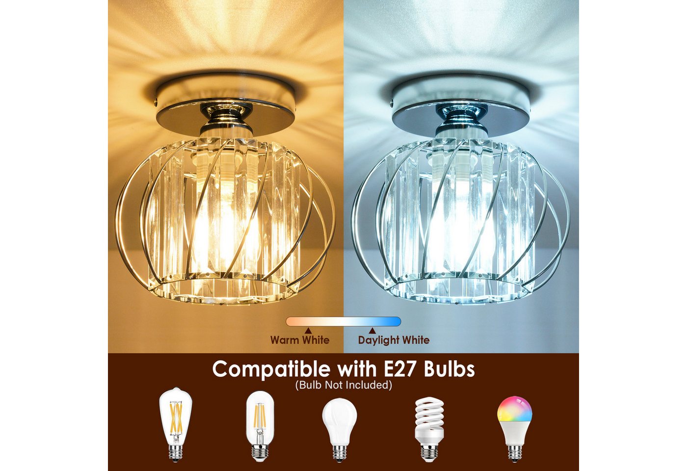 POPOLIC Deckenleuchte Moderne Kristall-Deckenlampe, Mini-Deckenleuchten aus Kristall, Halogen, LED wechselbar, Glühlampe, Silber-Kristall Leuchte, E27-Kronleuch – Bild 2 von 5