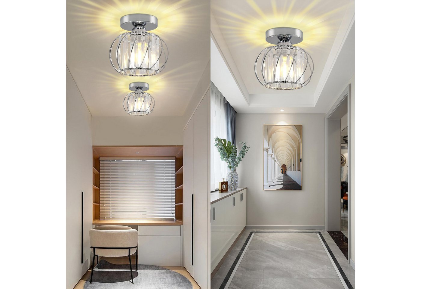 POPOLIC Deckenleuchte Moderne Kristall-Deckenlampe, Mini-Deckenleuchten aus Kristall, Halogen, LED wechselbar, Glühlampe, Silber-Kristall Leuchte, E27-Kronleuch – Bild 3 von 5