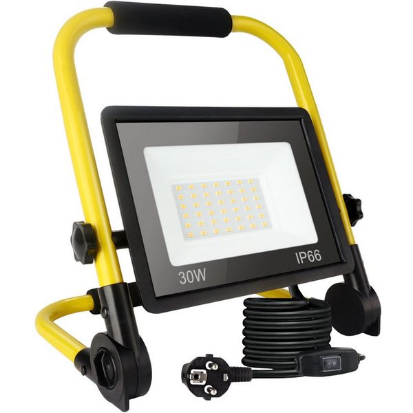 POPOLIC LED Baustrahler Tragbare Baustellenleuchte mit Aluminium-Gehäuse, 30W, IP66 wasserdicht, Baustellenbeleuchtung mit 3,5 m Kabel und EU-Stecker für Werkst