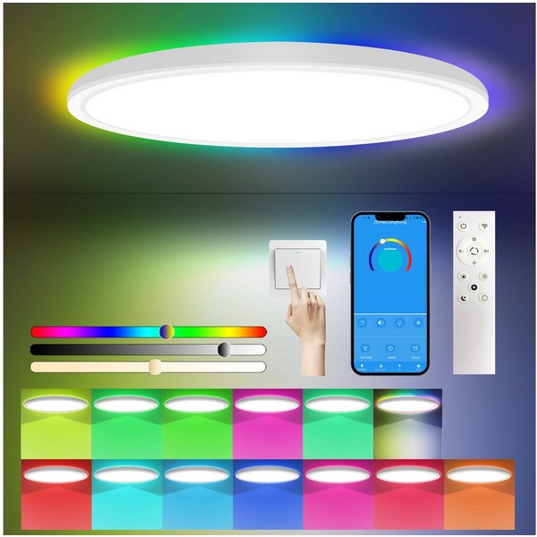 POPOLIC LED Deckenleuchte 24W RGB Farbwechsel Deckenbeleuchtung 3000K-6500K,dimmbar, 3200 lm, Badezimmer-Deckenleuchte mit Fernbedienung,Runde