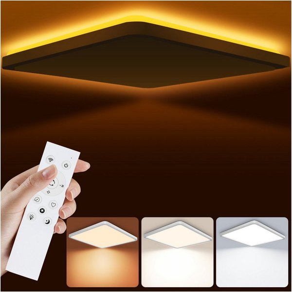 POPOLIC LED Deckenleuchte Deckenlampe, 24W 3200LM 30cm Dimmbar mit Fernbedienung 3000K-6000K, Dimmbar Smart Badleuchte Hintergrundbeleuchtung, Weiß Quadrat