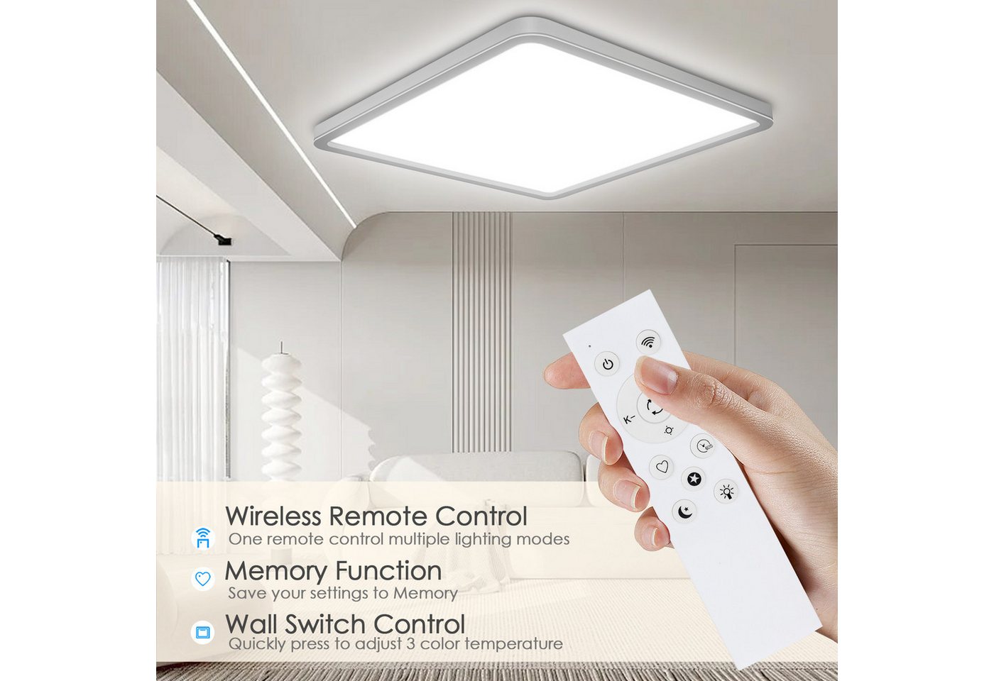 POPOLIC LED Deckenleuchte Deckenlampe, 24W 3200LM 30cm Dimmbar mit Fernbedienung 3000K-6000K, Dimmbar Smart Badleuchte Hintergrundbeleuchtung, Weiß Quadrat – Bild 4 von 5