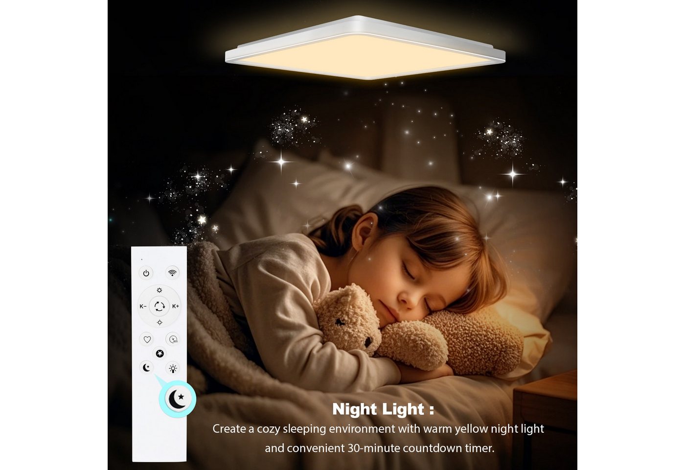 POPOLIC LED Deckenleuchte Deckenlampe, 24W 3200LM 30cm Dimmbar mit Fernbedienung 3000K-6000K, Dimmbar Smart Badleuchte Hintergrundbeleuchtung, Weiß Quadrat – Bild 5 von 5