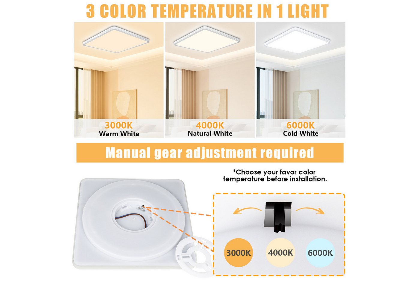 POPOLIC LED Deckenleuchte Deckenlampe 3200LM Modern LED Decklit, 3Farben - 3000K/4000K/6000K, Quadrat Flach Modern Schlafzimmer Lampe, IP54 Wasserfest, Ø30cm – Bild 3 von 5